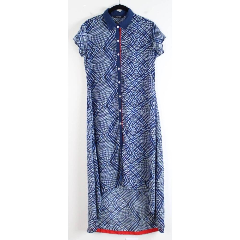 Globus Sheer Hi Low Hem Dress Swim Cover Up Layering SZ Small Blue White Red